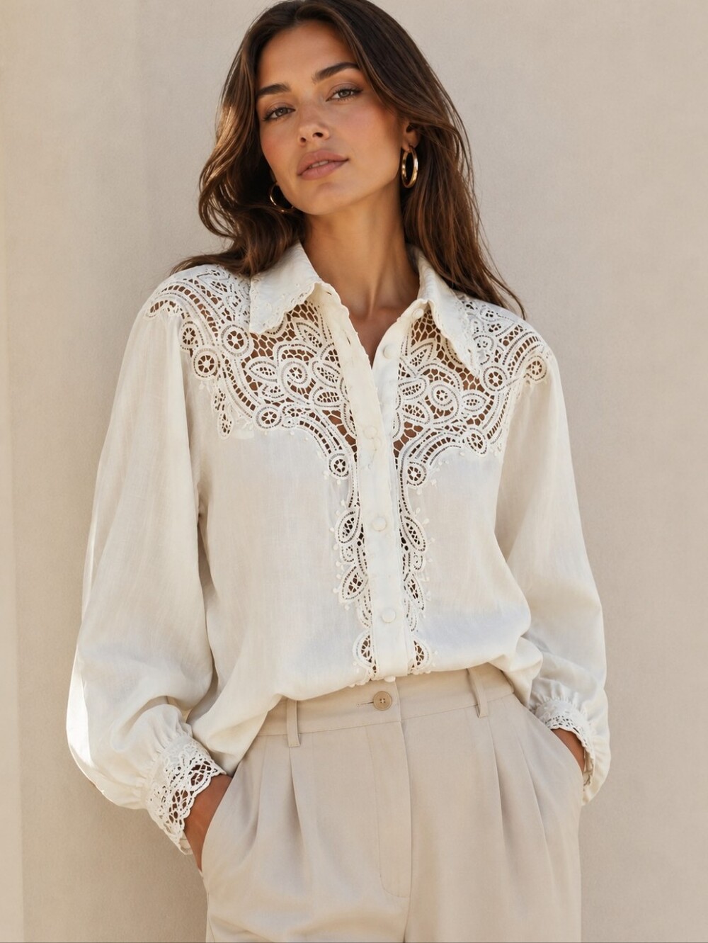 NWT CAROLINE CONSTAS Battenburg Lace Linen Blend Button Down Shirt XL Ivory